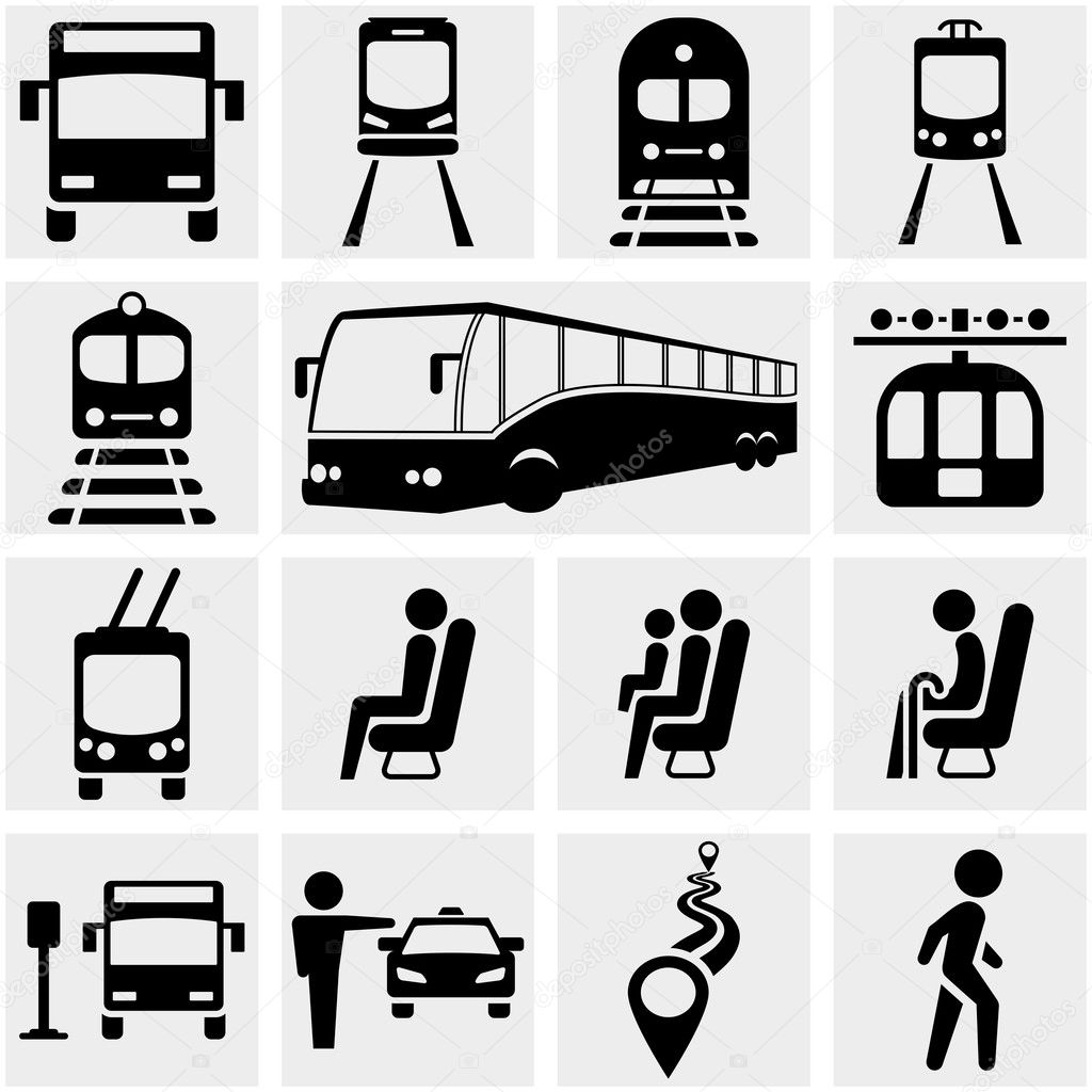 Public transportation vector icons set on gray.