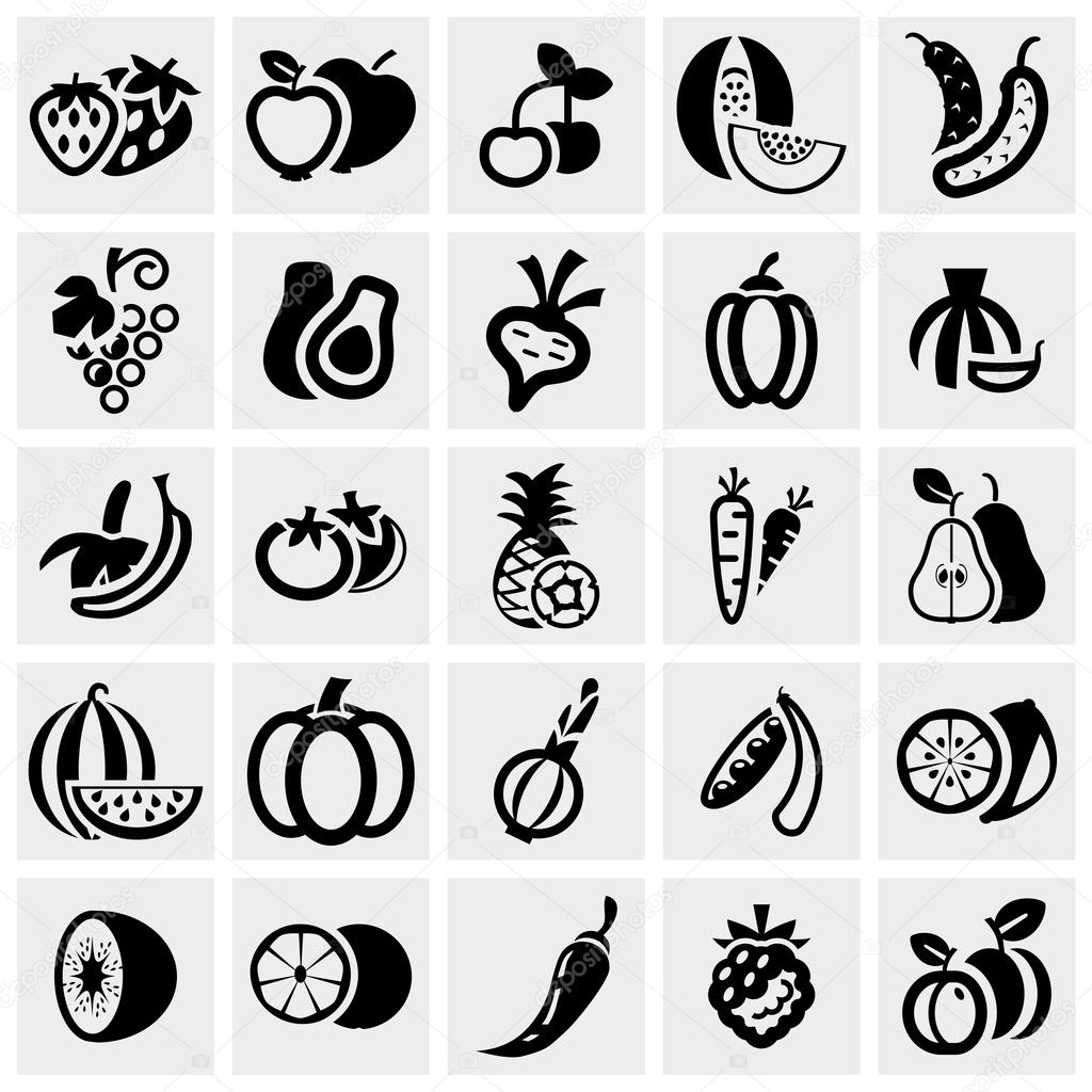 Fruit and Vegetables vector icons set on gray.