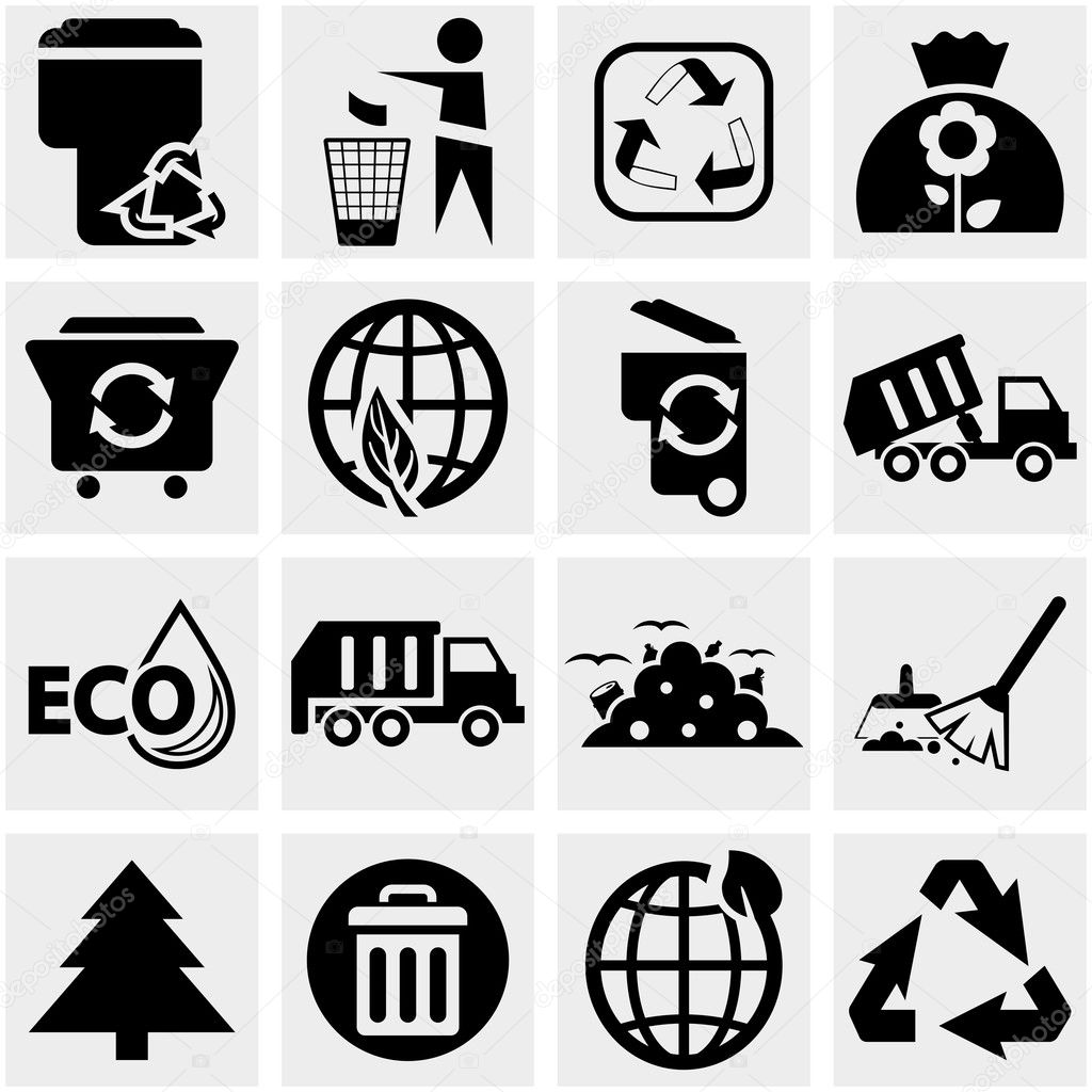 Garbage vector icons set on gray.