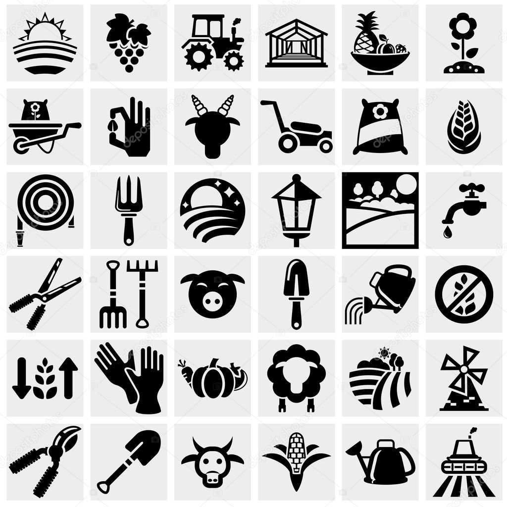 Farm and agriculture vector icons set on gray