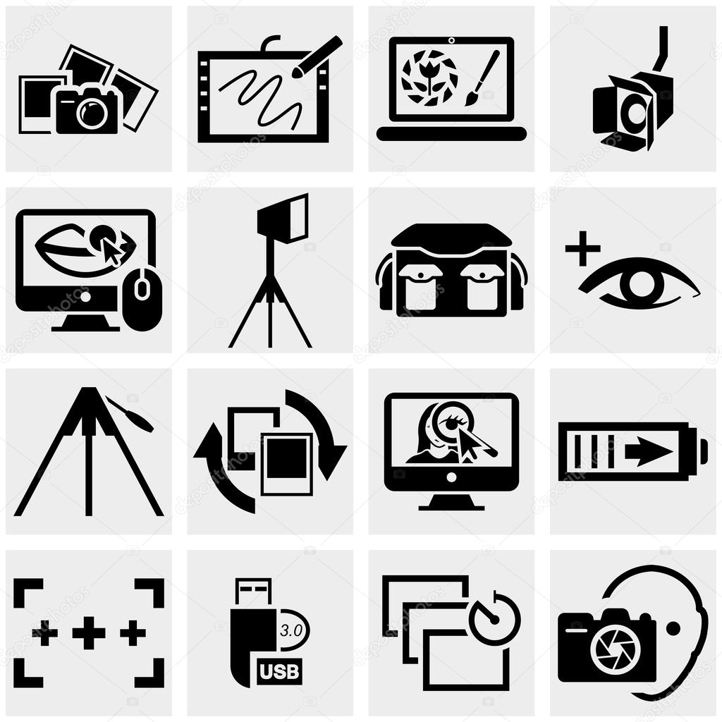 Photo vector icons set on gray