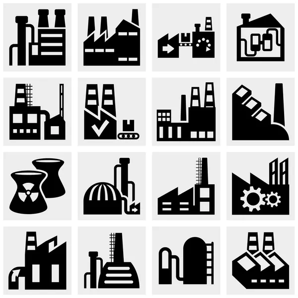 Factory, power plants, industrial buildings and pollution vector icon set on gray — Stock Vector