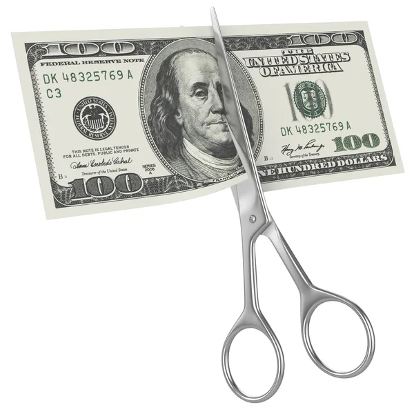 Scissors cuts hundred american dollar — Stock Photo, Image