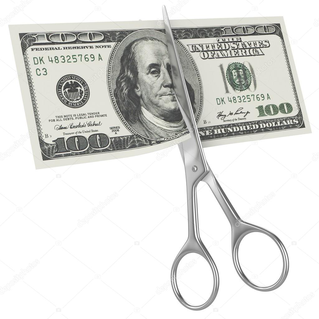Scissors cuts hundred american dollar