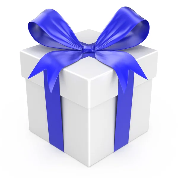 Mavi bir kurdele ve bir yay ile beyaz hediye — Stok fotoğraf
