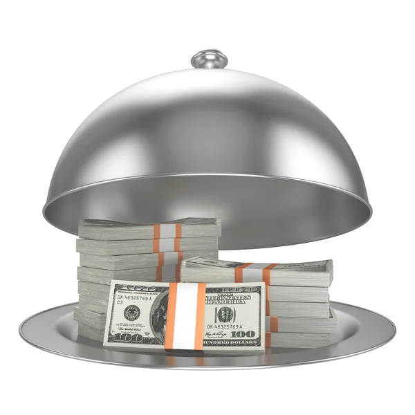 Restaurant cloche with dollars — Stock Photo, Image