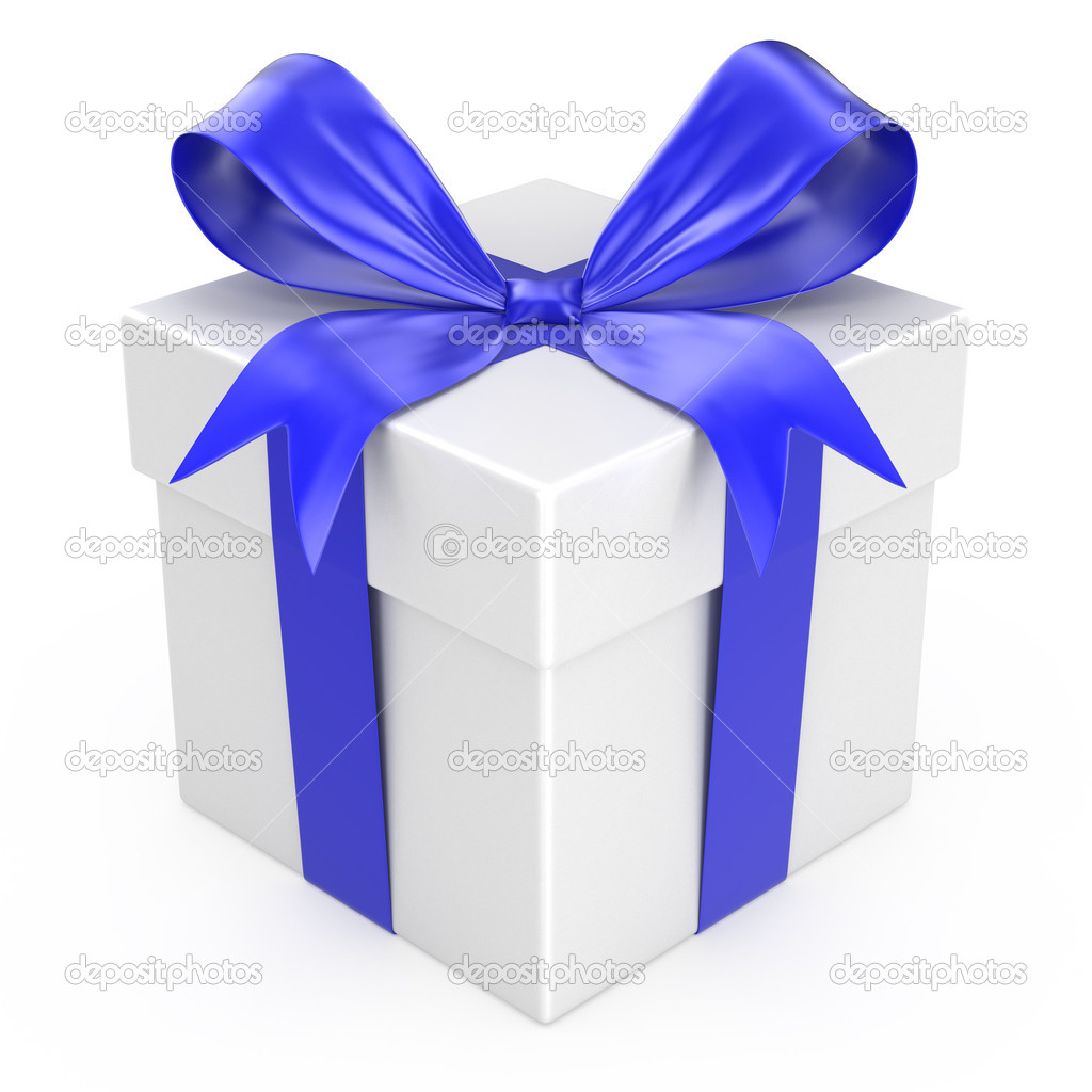 White gift with a blue ribbon and a bow
