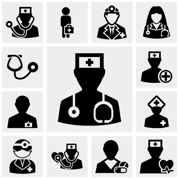 Ikonen von Ärzten und Krankenschwestern auf grau gesetzt — Stockvektor