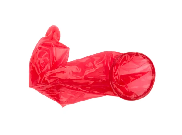 Kırmızı Kullanılmış Prezervatif Beyaz Arkaplanda Izole — Stok fotoğraf