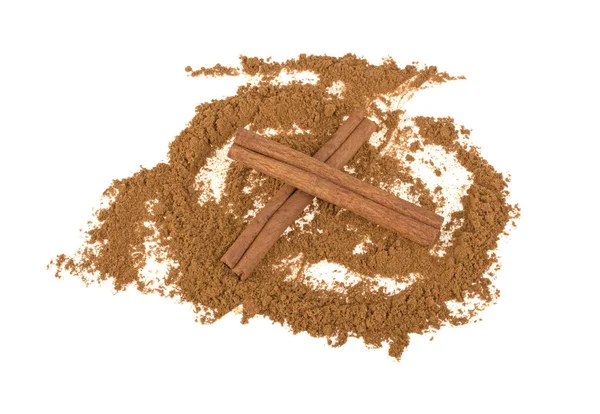Heap Ground Cinnamon Powder Peel Isolated White Background — стоковое фото