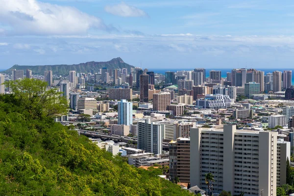 Vue Entre Honolulu Diamond Head Crater Depuis Punchbowl Crater Lookout — Photo