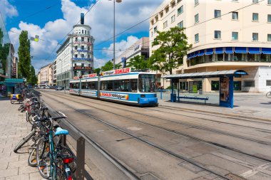 Munich, Germany - July 3, 2011 : Tram running on dedicated tram lines south of Karlsplatz station.