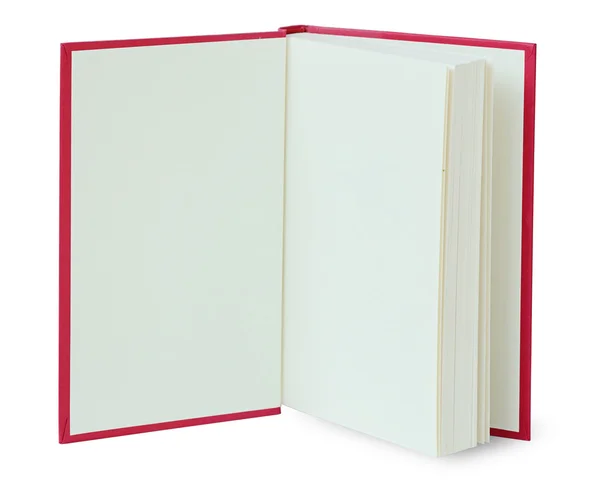 Aufgeschlagenes rotes Buch isoliert auf weißem mit Schneideweg. — Stockfoto