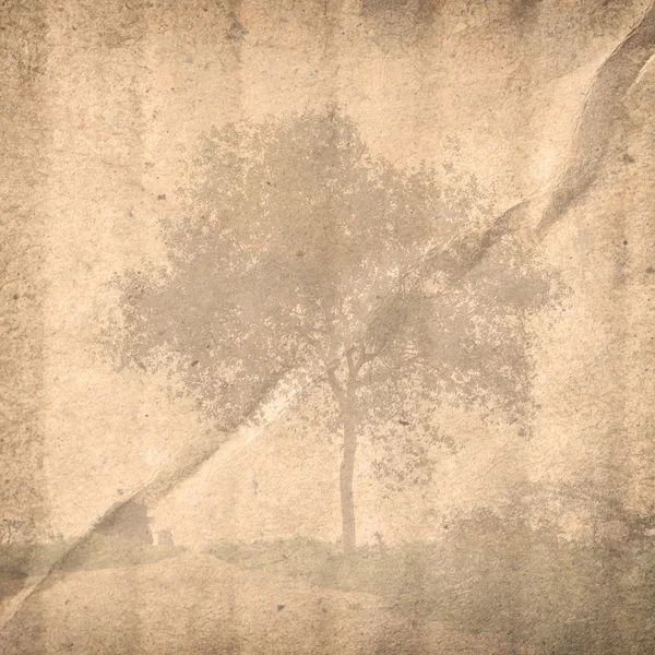 Vintage crumpled paper background with tree in country side. — Stock Photo, Image