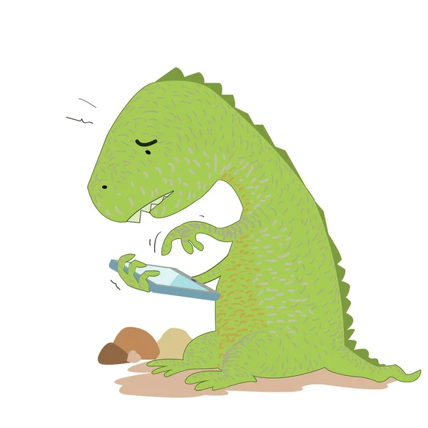 Schattige dinosaurus met behulp van computer Tablet PC. — Stockvector