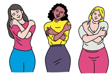 Çeşitli kadınlar, kendini sevme ve vücuduna özen gösterme kavramında gururla ve mutlulukla kendine sarılır. Vektör illüstrasyon karakteri. Taslak, doğrusal, ince çizgi sanat, elle çizilmiş çizim. 