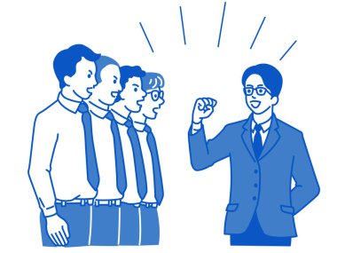 İş adamı elini kaldırıyor, yumruğunu tutuyor ve takımını neşeli bir ifadeyle cesaretlendirmek için konuşma yapıyor. Taslak, ince çizgi sanat, el çizimi tasarım, basit biçim. 