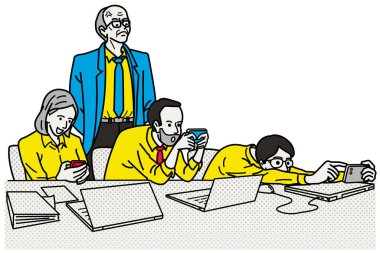 Kızgın ve hayal kırıklığına uğramış patron, sosyal ağ bağımlılığıyla akıllı telefon kullanan astının arkasında duruyor. Taslak, doğrusal, ince çizgi sanat, el çizimi tasarım, basit biçim.