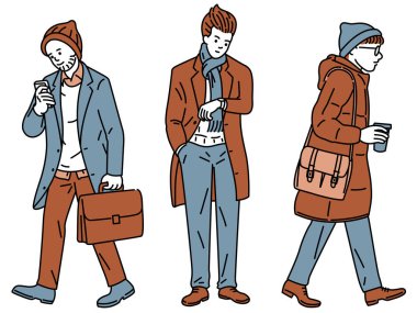 Genç ve çekici iş adamı, işe yürüyerek gidiyor, kışın moda tarzında. Taslak, doğrusal, ince çizgi sanat, el çizimi eskiz, basit biçim.