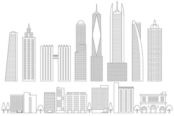 Tenká Linie Art Vektorové Ilustrace Soubor Budov Architektura Město Skycrapers — Stockový vektor