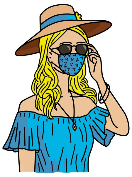 美丽的女人戴着夏季风格的面罩 在验尸或Covid 19检疫期间时尚时尚 矢量插图人物肖像 细线艺术 — 图库矢量图片