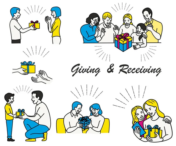 Vector Illustration Character Set Member Family Giving Receiving Gift Box — Stock Vector