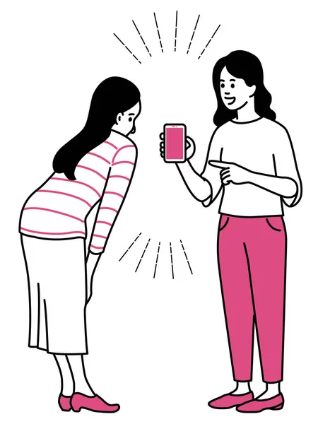 年轻女性的矢量角色 拿着智能手机 用空白屏幕显示给她的朋友 细线艺术 手绘草图设计 — 图库矢量图片