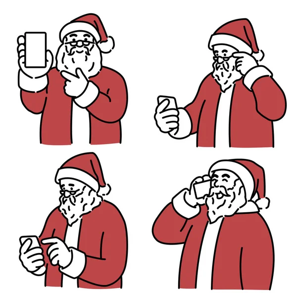 Juego Personajes Ilustración Vectorial Santa Claus Feliz Sosteniendo Usando Mostrando — Archivo Imágenes Vectoriales