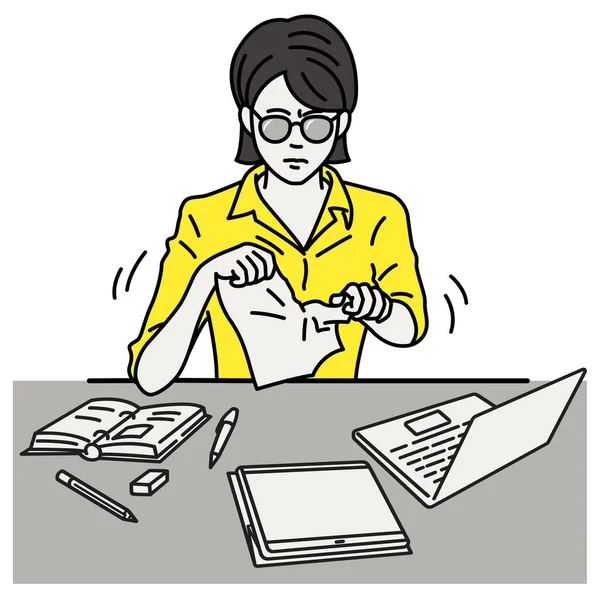 Mujer Negocios Estresada Deprimida Sentada Lugar Trabajo Destrozando Papel Documento Ilustración de stock
