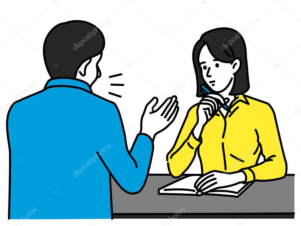 Effective listening concept, businesswoman paying attention to listen her colleague who is presenting, talking, or explaining something.  Vector illustration character, thin line art, hand drawn sketch, simple design style.  