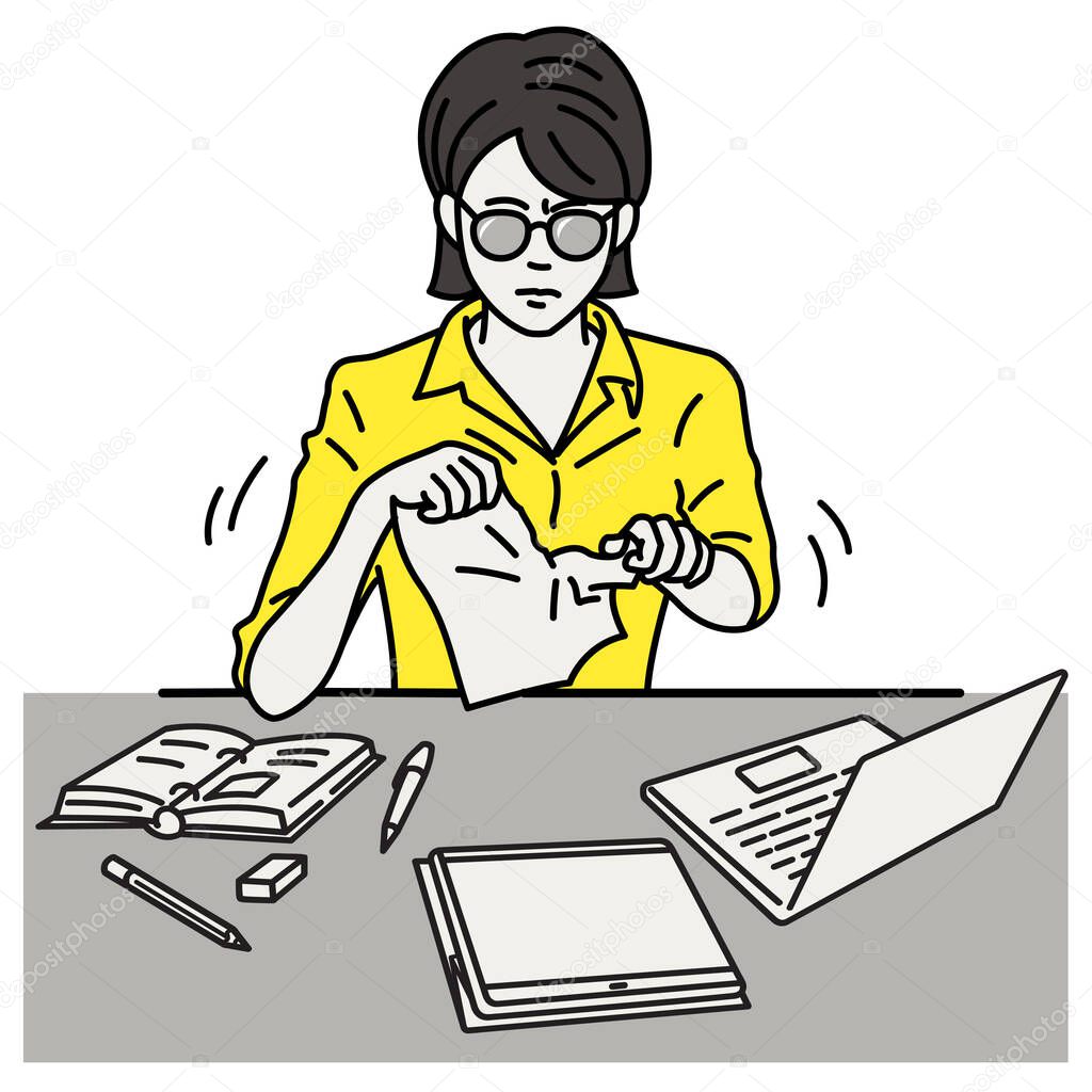 Stressed and depressed businesswoman sitting at workplace, tearing document paper apart. Vector illustration character, outline, linear, thin line art, hand drawn sketch, simple design.