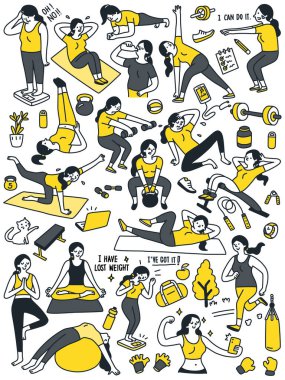 Antrenman yapan, spor yapan, yoga yapan, egzersiz yapan ve zayıflamak için obeziteden kilo vermeye çalışan bir kadın. Portre ve tam boy. Komik ve basit stil.