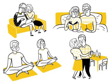 Son sınıfların sevimli karakterleri evde eğleniyor, tablete bakıyor, yatakta kitap okuyor, meditasyon yapıyor, dans ediyor. El çizimi tasarım, basit biçim.