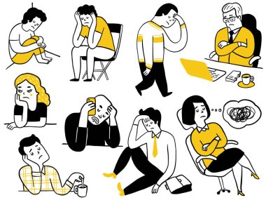 Üzgün ifadeli farklı insanlar, sevimli karalama karakter tasarımı. Çok ırklı, çeşitlilik, kadın ve erkek, çeşitli pozlar, taslak, el çizimi çizimi, basit tasarım.