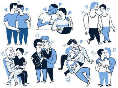Birbirine aşık homoseksüel eşcinsel çiftlerin romantik anlarının sevimli karalama karakteri tasarımı. Çeşitli, çok ırklı, karışık kültür. Taslak, doğrusal, elle çizilmiş çizim.