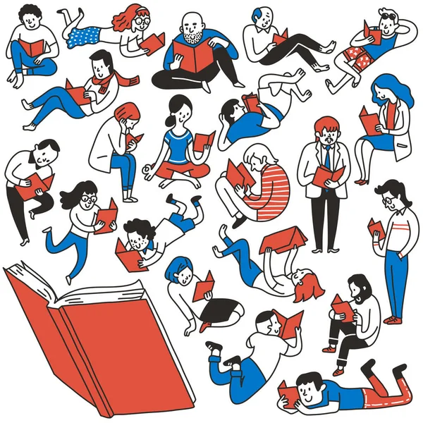 Puzzles Illustration Der Verschiedenen Charakter Der Menschen Genießen Bücher Lesen — Stockvektor