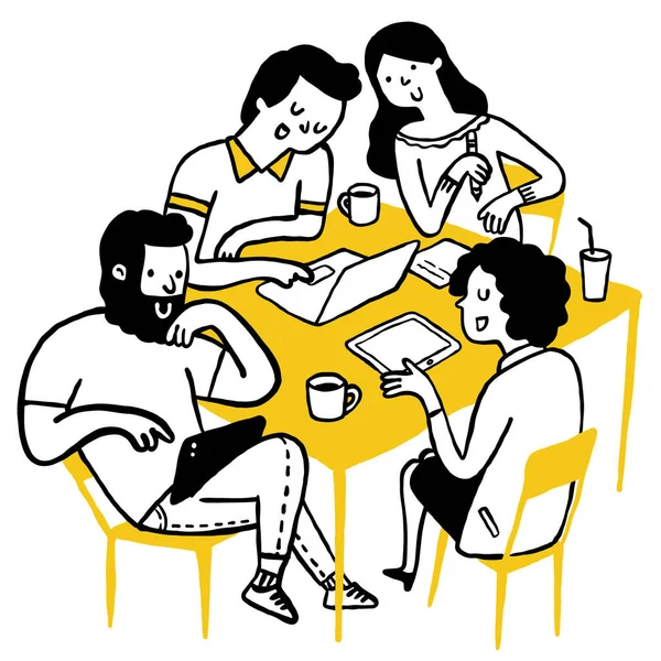 Doodle Illustratie Van Jonge Zakenman Zakenvrouw Werken Aan Tafel Teamwork — Stockvector