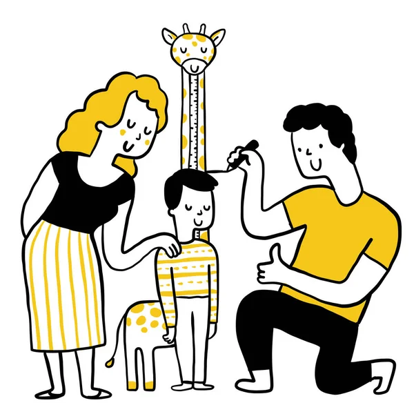 Père Mère Mesurent Croissance Leur Fils Illustration Mignonne Personnage Doodle — Image vectorielle