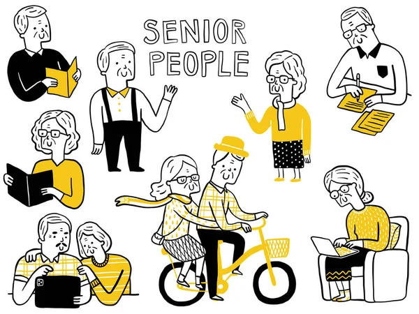 高齢者や高齢者は レクリエーション タブレットを使用して ノートパソコンを学ぶ 一緒に自転車に乗ると幸せな時間をお楽しみください かわいいドアキャラクター シンプルなスタイル — ストックベクタ