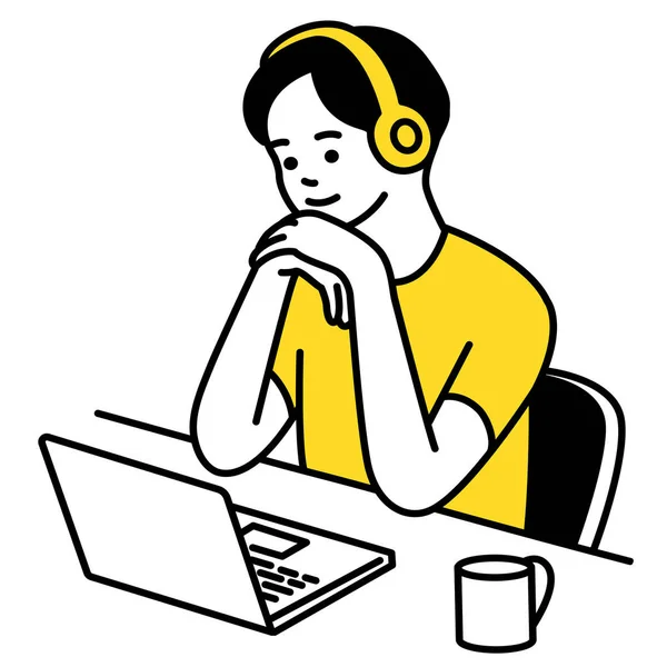 Masada Oturan Genç Kulaklıkla Dizüstü Bilgisayara Bakıyor Öğrenci Çevrimiçi Konsepti — Stok Vektör