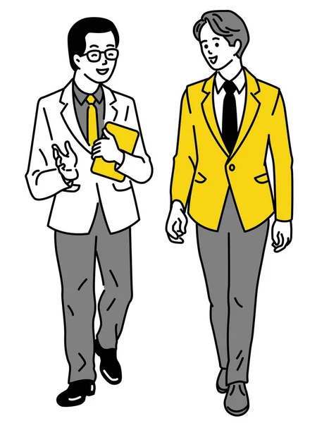 Illustration Personnage Mignon Deux Jeunes Hommes Affaires Marchant Ensemble Vers — Image vectorielle