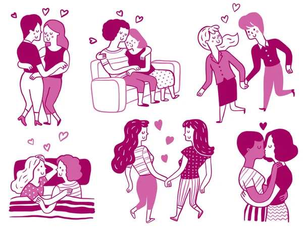 愛とロマンチックな瞬間にレズビアンカップルのかわいいキャラクターのドアのイラストセットを一緒に 多様性 異なる人々 手描きのスケッチデザイン アウトライン 細い線画 — ストックベクタ