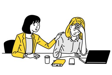 Üzgün, üzgün, hasta ya da kötü hissettiğinde birbirini kucaklayan ve destekleyen bir ofis çalışanı. Taslak, doğrusal, ince çizgi sanat, el çizimi eskiz, sevimli karakter tasarımı.