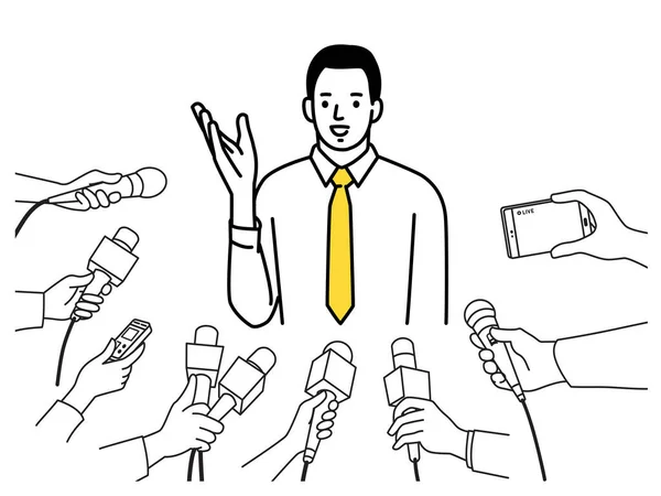 Politisi Pria Yang Diwawancarai Oleh Jurnalis Dengan Peralatan Media Mengelilinginya - Stok Vektor