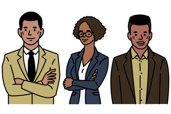 男性と女性のアフリカ系アメリカ人ビジネスマンのかわいいキャラクターイラスト 正式なスーツで笑顔 アウトライン 細い線画 手描きのスケッチデザイン — ストックベクタ