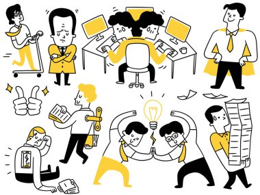 Çeşitli pozlar ve aktivitelerdeki iş adamlarının sevimli karakter çizimi. Çok meşgul, ciddi düşünen, zayıf pil, arka koltukta anahtar, çalışkan, süper kahraman. Doodle tarzı.