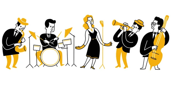 Personagem Bonito Ilustração Doodle Banda Jazz Cantor Baterista Saxofone Trompete — Vetor de Stock