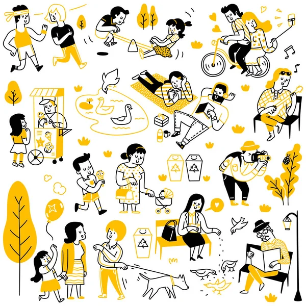 Ilustración Vectorial Caracteres Doodle Varias Personas Que Hacen Actividades Parque — Vector de stock