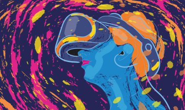 Sanal gerçeklik göstericisi, simülatör aygıtı, vektör illüstrasyonu olan oyuncu.