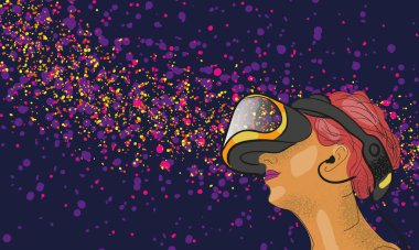 Sanal gerçeklik göstericisi, simülatör aygıtı, vektör illüstrasyonu olan oyuncu.